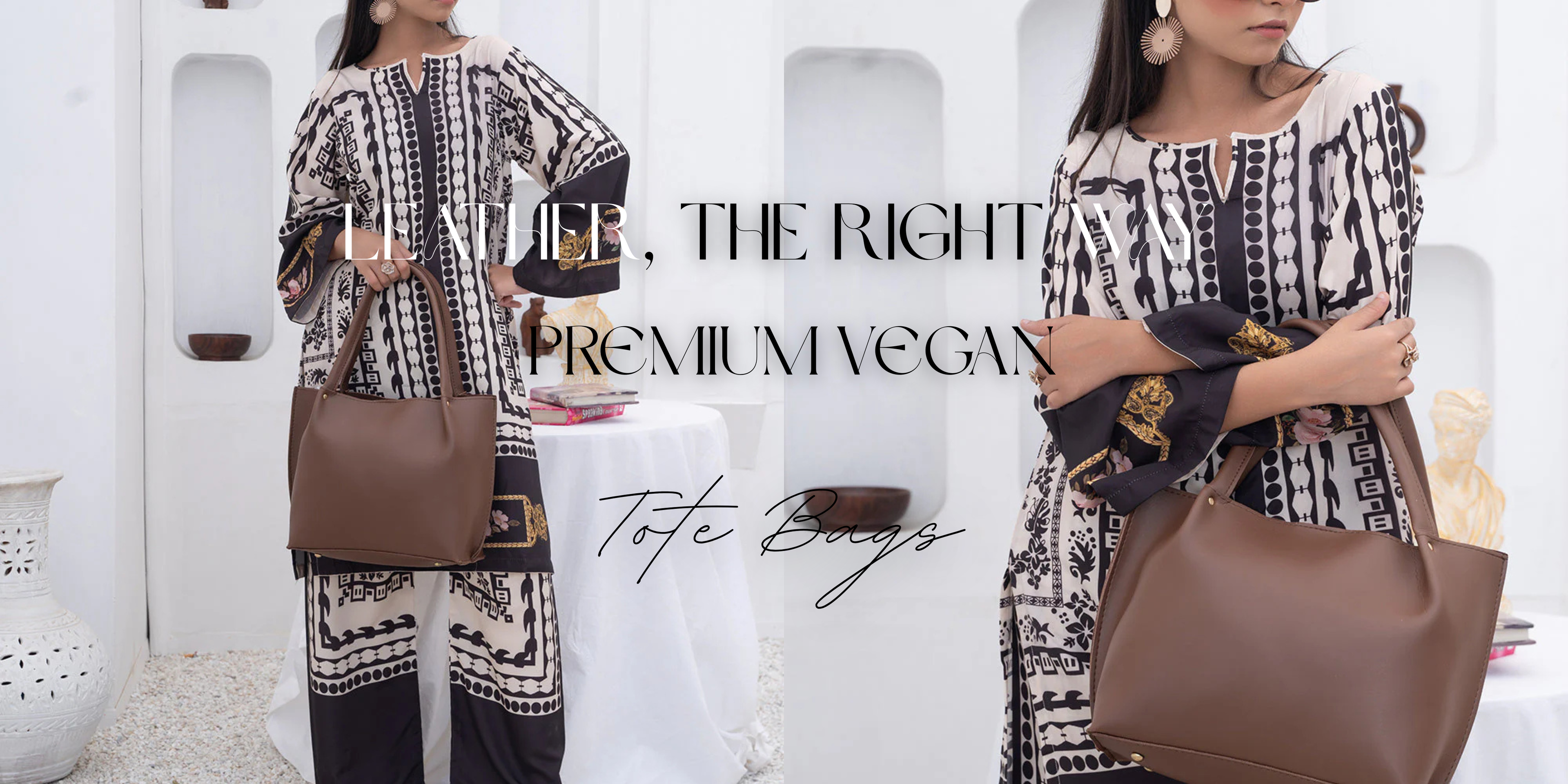 Two women holding brown handbags with a white background and text overlay.